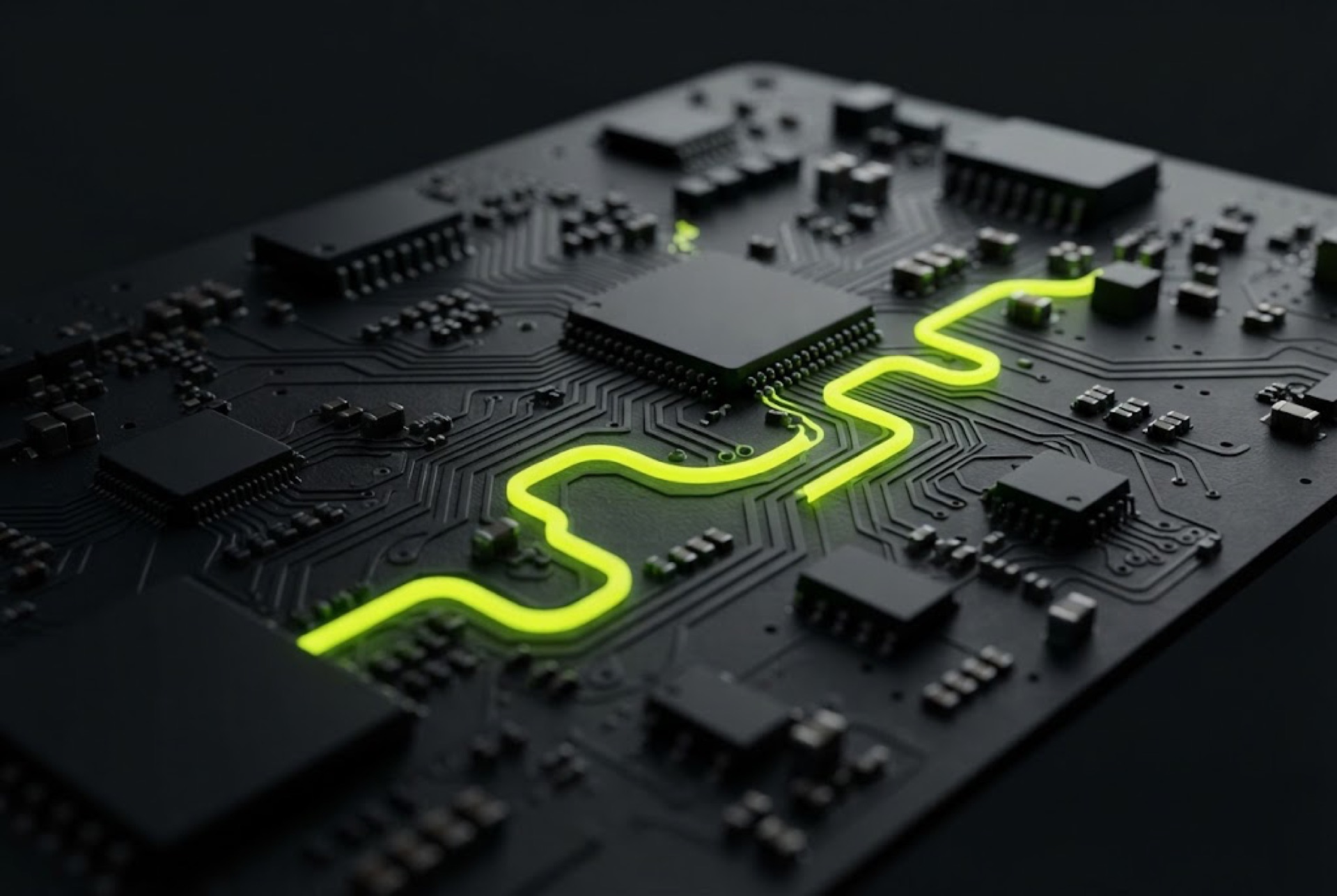Macro of a black circuit board with one lime glowing trace