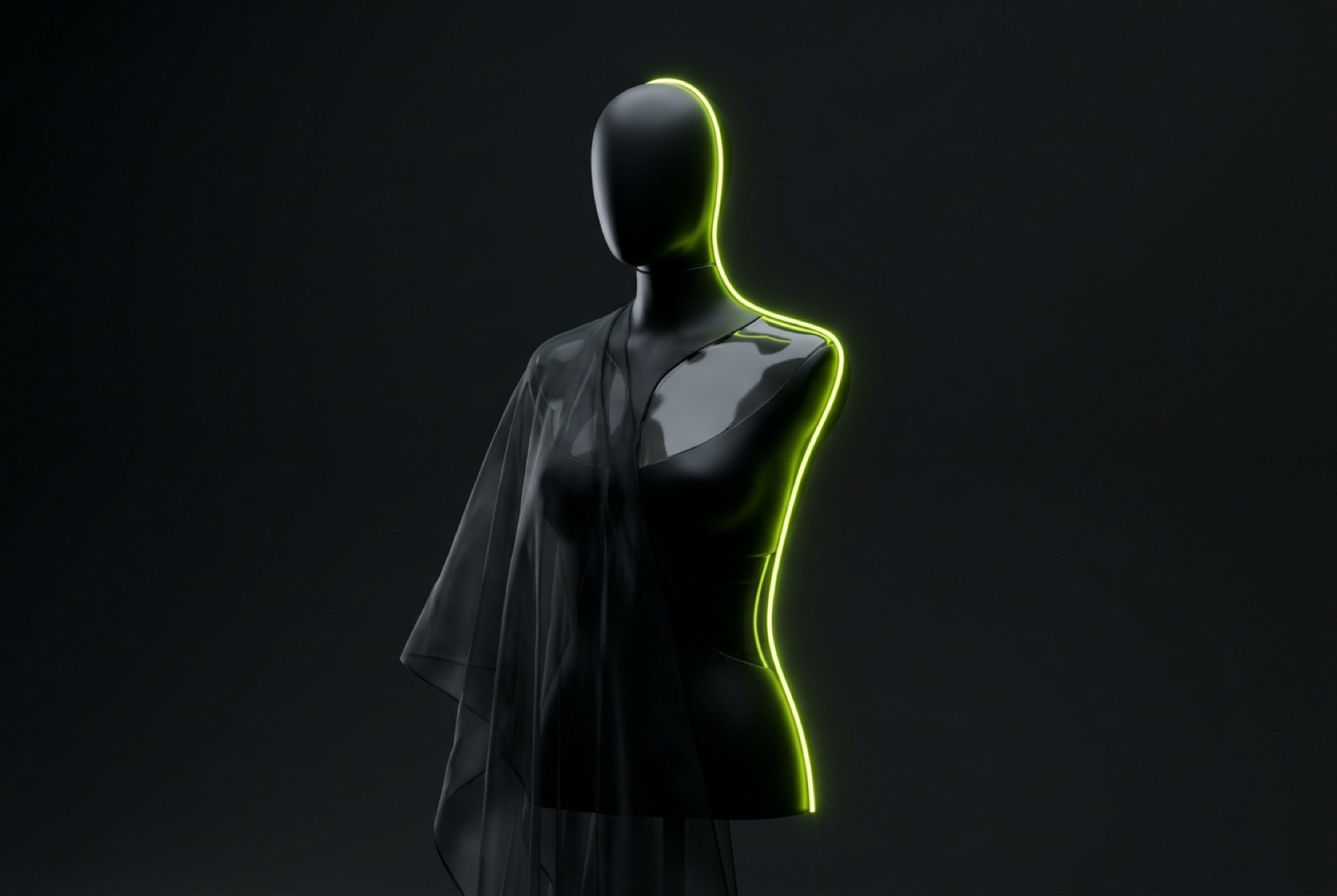 Glossy black glass mannequin traced by a rim light